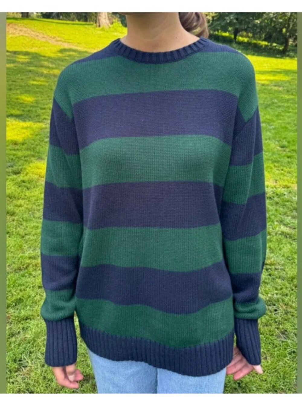 Brandy Melville Brianna Cotton Classic Striped Crewneck Sweater -Green & Navy OS